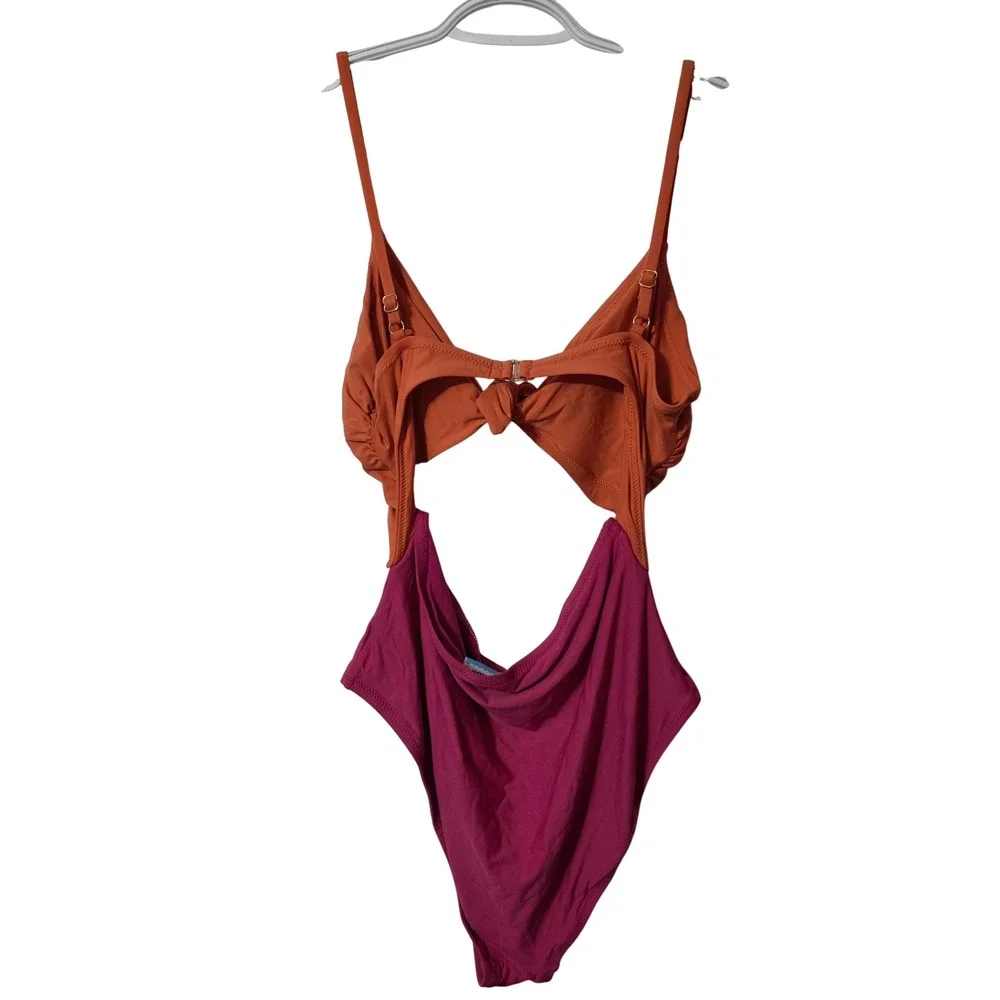 ModCloth Women Orange Pink Colorblock Cutout Tie Front Monokini Swimsuit Large - Picture 3 of 5